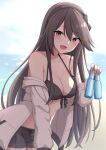  1girl akahi242 beach bikini black_bikini black_hair black_hairband blush bottle breasts brown_eyes cleavage collarbone cowboy_shot day hair_between_eyes hair_ornament hairband hairclip haruna_(kancolle) haruna_kai_ni_(kancolle) highres holding holding_bottle jacket kantai_collection large_breasts long_hair long_sleeves ocean open_mouth outdoors ramune smile solo swimsuit white_jacket 