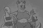  abs anthro breasts cigarette clothing eyeshadow female gesture group hi_res hyena makeup mammal mephitid middle_finger muscular muscular_anthro neck_tuft nervous_smile scalie skunk slightly_chubby topwear trio tuft under_boob zzx 