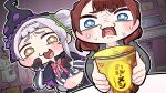  2girls blue_eyes brown_gloves brown_hair clothes_hanger commentary_request cup_ramen desk frown gloves green_eyes grey_hair grey_jacket hair_bun hat highres hololive jacket komainu_channel long_hair medium_hair midriff multicolored_eyes multiple_girls murasaki_shion navel office_lady open_mouth orange_eyes shiokko_(murasaki_shion) single_side_bun smile striped sweat virtual_youtuber witch_hat 