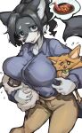  anthro big_breasts biped black_hair blue_clothing blue_shirt blue_topwear blush bodily_fluids bottomwear bovid breast_on_head breasts brown_bottomwear brown_clothing brown_pants canid canine canis caprine clothing collared_shirt domestic_dog female flying_sweatdrops food fur grey_body grey_eyes grey_fur group hair hi_res holding_another iepelppa long_sleeves looking_at_viewer male mammal neckerchief oogami-san_(tsukareta_inu) open_mouth orange_body orange_fur pants ponytail sheep shirt simple_background smile speech_bubble sweat sweatdrop tail topwear trio tsukareta-inu_no_anime white_background white_body white_fur wolf 