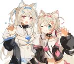  2girls :d animal_ear_fluff animal_ears bandaid_hair_ornament belt belt_buckle belt_collar black_collar black_jacket blonde_hair blue_belt blue_eyes blue_hair blue_nails blush breasts buckle center_frills chain claw_pose cleavage closed_mouth clothing_cutout collar colored_inner_animal_ears crop_top cropped_jacket crossed_bangs detached_collar dog_ears dog_girl dog_tail double-parted_bangs dress erua_(_8eru) fake_horns fang flame_print frilled_collar frilled_sleeves frills fur-trimmed_jacket fur_collar fur_trim fuwawa_abyssgard hair_intakes hair_ornament hairband hairclip headphones headphones_around_neck heart hololive hololive_english horns jacket large_breasts long_hair long_sleeves looking_at_viewer midriff mococo_abyssgard multicolored_hair multiple_girls nail_polish navel one_eye_closed open_clothes open_jacket open_mouth pink_belt pink_eyes pink_hair pink_hairband pink_nails puffy_long_sleeves puffy_sleeves shirt short_hair siblings sidelocks simple_background skin_fang small_breasts smile spiked_collar spiked_hairband spikes streaked_hair tail twins two_side_up virtual_youtuber white_background white_dress white_shirt x_hair_ornament 