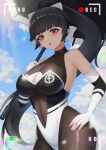  1girl :o absurdres azur_lane bare_shoulders bird black_hair black_leotard blue_sky bodystocking bow breasts cleavage cleavage_cutout clothing_cutout cloud cloudy_sky covered_navel cowboy_shot day elbow_gloves fingerless_gloves from_below gloves hair_bow hair_flaps hand_on_own_hip high_ponytail highleg highleg_leotard highres holding holding_umbrella large_breasts leotard long_hair looking_at_viewer multicolored_leotard navel_cutout official_alternate_costume open_mouth orange_eyes outdoors parted_lips ponytail race_queen recording sky solo standing sunlight takao_(azur_lane) takao_(full_throttle_charmer)_(azur_lane) tttao two-tone_leotard umbrella very_long_hair white_bow white_gloves white_leotard 