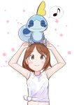  1girl alternate_costume armpits arms_up bare_arms blush brown_eyes brown_hair closed_mouth commentary_request eyelashes gloria_(pokemon) highres looking_up musical_note on_head pokemon pokemon_(creature) pokemon_(game) pokemon_on_head pokemon_swsh shirt sleeveless sleeveless_shirt smile sobble spoken_musical_note tied_shirt tsukeasa_(gduyz) white_background white_shirt 