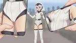  1girl armlet blush bodysuit brown_eyes camera cellphone_photo elbow_gloves gloves leggings leotard momijiyama_teru recording short_hair shy_(series) tenkis voyeurism white_hair 