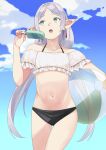  1girl absurdres ball beachball bikini earrings elf food frieren green_eyes highres jewelry long_hair navel needle_(needlebomb) pointy_ears popsicle solo sousou_no_frieren swimsuit twintails 