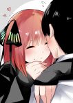  1boy 1girl ^_^ absurdres arms_around_neck black_cardigan black_hair black_ribbon blunt_bangs blush butterfly_hair_ornament cardigan close-up closed_eyes closed_mouth commentary_request couple ear_blush facing_another flying_sweatdrops go-toubun_no_hanayome hair_ornament hair_ribbon happy heart hetero highres hug mame1645 medium_hair nakano_nino red_hair ribbon short_hair shy simple_background sleeves_past_wrists smile solo_focus straight_hair two_side_up uesugi_fuutarou white_background 