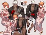  1boy 1girl candy_apple cross cross_necklace dark-skinned_male dark_skin food gloves highres japanese_clothes jewelry k&#039;_(kof) kimono kula_diamond necklace orange_hair red_eyes syachiiro takoyaki the_king_of_fighters white_hair yukata 