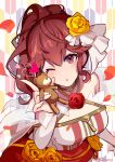  1girl anna_(fire_emblem) bare_shoulders breasts criss-cross_halter doll dress fire_emblem fire_emblem_awakening fire_emblem_heroes flower hair_flower hair_ornament halterneck heart high_ponytail holding holding_doll konfuzikokon looking_at_viewer medium_breasts official_alternate_costume one_eye_closed petals ponytail puckered_lips red_eyes red_flower red_hair red_rose rose solo watermark wedding_dress yellow_flower yellow_rose 