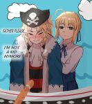  2girls absurdres ahoge alternate_costume artoria_pendragon_(fate) black_headwear blonde_hair blush bow braid closed_eyes closed_mouth coat english_text fate/grand_order fate/stay_night fate_(series) green_eyes hair_between_eyes hair_ribbon hat hh_(hehexd06161704) highres lifting_person long_hair long_sleeves looking_at_another mordred_(fate) mordred_(fate/apocrypha) multiple_girls pirate_costume pirate_hat ponytail ribbon saber shirt short_hair sidelocks skirt upper_body white_shirt 