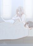  2girls after_sex bed black_hair blanket blonde_hair cat couple covering_with_blanket highres lying morning multiple_girls on_bed original pillow saone_kushima shared_blanket signature sleeping under_covers waking_up yuri 
