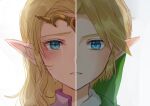  1boy 1girl blonde_hair collared_shirt green_eyes green_headwear link long_hair pointy_ears portrait princess_zelda sad seri_(yuukasakura) shirt short_hair simple_background split_screen tears the_legend_of_zelda the_legend_of_zelda:_ocarina_of_time tiara white_background 