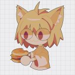  1girl :3 alicezakat animal_ear_fluff animal_ears antenna_hair artist_name burger cat_ears cat_girl cheese chibi closed_mouth commentary cropped_torso eating english_commentary eyes_visible_through_hair flat_chest food food_bite grey_background grid_background happy highres holding holding_food looking_at_food meat monochrome neco-arc outline shirt short_hair short_sleeves sidelocks simple_background sketch smile solo tsukihime twitter_username upper_body watermark white_outline 