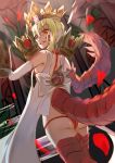  1girl blonde_hair crown dragon_tail elbow_gloves fate/grand_order fate/grand_order_arcade fate_(series) gloves grin hair_between_eyes highres inugami86 looking_at_viewer looking_back nero_claudius_(fate) panties petals queen_draco_(fate) red_eyes red_panties rose_petals smile solo tail underwear 