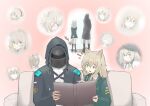  1boy 1girl absurdres animal_ears arknights arms_behind_back boots brown_hair coat couch doctor_(arknights) fox_ears fox_girl fox_tail green_eyes hands_in_pockets highres hood jacket kuruzusu laughing long_hair open_mouth podenco_(arknights) scrapbook sitting smile standing tail 