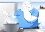  2023 anthro appliance belly big_belly black_nose blush bottomwear canid canine canis clothing cooking detailed_background domestic_dog fridge fur hi_res kemono kitchen kitchen_appliance lifewonders live_a_hero male mammal overweight overweight_male pants shirt solo tai_tanuki topwear white_body white_fur yohack 