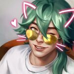  1boy absurdres drawn_ears drawn_whiskers ezreal face_filter green_hair heartsteel_(league_of_legends) heartsteel_ezreal highres jewelry league_of_legends long_hair male_focus necklace official_art one_eye_closed ponytail shirt smile solo sunglasses teeth tinted_eyewear white_shirt yellow-tinted_eyewear 