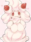  alcremie anthro breasts female food generation_8_pokemon hi_res kame_3 nintendo open_mouth pink_body pokemon pokemon_(species) red_eyes simple_background solo 