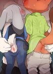  aloha_shirt anthro anus bear blush bodily_fluids bottomwear bottomwear_down canid canine clothed clothing damaged_clothing disney female fox fur gaping grey_body grey_fur group hand_on_butt judy_hopps lagomorph leporid male male/female male/male mammal manmosu_marimo nick_wilde no_underwear orange_body orange_fur pants pants_down pants_only partially_clothed pattern_clothing pattern_shirt pattern_topwear polar_bear police_uniform rabbit raised_tail shirt sweat tail topwear trio uniform ursine white_body white_fur zootopia 