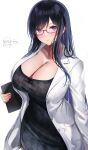 1girl black_dress black_hair blush breasts cleavage clipboard closed_mouth doctor dress glasses highres labcoat large_breasts long_hair looking_at_viewer open_labcoat original purple_eyes puru_(ex-150) red-framed_eyewear semi-rimless_eyewear simple_background smile solo unbuttoned under-rim_eyewear very_long_hair white_background 