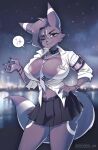  absurd_res anthro big_breasts black_body black_fur bottomwear breasts canid claws clothed clothing eeveelution eyewear female fur generation_2_pokemon glasses hair hi_res mammal midriff necktie nintendo noona_plz pokemon pokemon_(species) shirt simple_background skirt smile solo topwear umbreon 