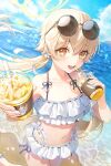 1girl :d bare_shoulders beach bikini blonde_hair blue_archive blue_sky blush cloud collarbone commentary_request cup day disposable_cup drink drinking_straw eyelashes eyewear_on_head floating_hair frilled_bikini frills hair_between_eyes hair_ornament hair_ribbon halo halterneck hands_up hifumi_(blue_archive) hifumi_(swimsuit)_(blue_archive) highres holding holding_cup ice ice_cube light_particles long_hair looking_at_viewer low_twintails mountain mountainous_horizon navel ocean official_alternate_costume open_mouth outdoors peroro_(blue_archive) plus1024 ribbon round_eyewear sand side-tie_bikini_bottom sidelocks sky smile solo sparkle standing stomach sunglasses swimsuit teeth twintails upper_teeth_only water white_bikini white_ribbon yellow_eyes 