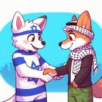 anthro black_nose bottomwear brown_body brown_eyes brown_fur canid canine clothing duo eyebrows fox fur furry_tail gesture green_bottomwear green_clothing green_pants handshake happy hexagram israel israeli_flag mammal palestine pants political_cartoon politics shemagh simple_background smile symbol tail unknown_artist white_body white_fur 