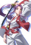 1girl cowboy_shot gyouza_(mhea5724) highres holding holding_sword holding_weapon japanese_clothes katana long_hair long_sleeves meira_(touhou) open_mouth ponytail purple_hair red_hair sheath solo sword touhou touhou_(pc-98) weapon wide_sleeves 