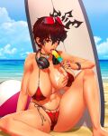  beach bikini breasts brown_hair choker crossed_bangs day ear_piercing earrings eyewear_on_head facial_tattoo final_fantasy final_fantasy_xiv food hair_between_eyes headphones headphones_around_neck heart heart_choker highres huge_breasts hyur jewelry looking_at_viewer lucknight outdoors piercing popsicle red_bikini ring short_hair spread_legs surfboard swimsuit tattoo tongue tongue_out warrior_of_light_(ff14) watch wet wristwatch 