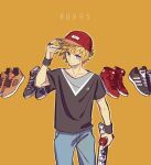  1boy alternate_costume baseball_cap black_shirt blonde_hair blue_eyes blue_pants brown_footwear casual character_name closed_mouth cowboy_shot dddagneo hat holding holding_skateboard jewelry kingdom_hearts kingdom_hearts_iii looking_at_viewer male_focus multiple_rings pants red_footwear red_headwear ring roxas shirt shoes short_hair skateboard sneakers solo spiked_hair standing wristband yellow_background 