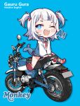  1girl a_(phrase) absurdres blue_background blue_eyes blush character_name chibi copyright_name english_text engrish_text fins fish_tail gawr_gura highres hololive hololive_english honda_monkey looking_at_viewer medium_hair motor_vehicle motorcycle multicolored_hair one_eye_closed open_mouth ranguage sandals school_uniform shark_girl shark_tail sharp_teeth short_twintails streaked_hair tail teeth twintails white_hair yoyoko707 