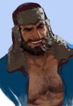  1boy alternate_facial_hair bara beard black_hair blush chest_hair cigar cropped_torso dopey_(dopq) facial_hair from_above graves_(league_of_legends) hair_slicked_back highres large_pectorals league_of_legends male_focus mature_male muscular muscular_male mustache painterly pectoral_cleavage pectorals raised_eyebrow sideways_glance smoking solo thick_eyebrows unfinished winter_clothes 