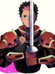  1boy armor black_hair blue_eyes closed_mouth cosplay darilbalde darilbalde_(cosplay) gloves guel_jeturk gundam gundam_suisei_no_majo holding holding_weapon knight kudanmouwasa looking_at_viewer male_focus multicolored_hair pauldrons pink_hair red_gloves short_hair shoulder_armor solo sparkle sword two-tone_hair upper_body weapon 