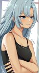  1girl a_(xenoblade) bare_arms bare_shoulders blue_eyes blue_hair breasts camisole collarbone commentary_request highres long_hair namu_(112namu) parted_lips small_breasts solo spaghetti_strap upper_body xenoblade_chronicles_(series) xenoblade_chronicles_3 xenoblade_chronicles_3:_future_redeemed 