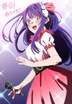  1girl :d blush dress hair_ornament hair_ribbon highres holding holding_microphone hoshino_ai_(oshi_no_ko) idol long_hair looking_at_viewer microphone open_mouth oshi_no_ko pink_ribbon puffy_short_sleeves puffy_sleeves purple_eyes purple_hair rabbit_hair_ornament ribbon short_sleeves smile solo sparkle standing star-shaped_pupils star_(symbol) star_in_eye symbol-shaped_pupils symbol_in_eye u_su v 