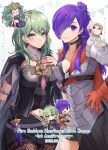  2girls absurdres anniversary armor arval_(fire_emblem) asymmetrical_clothes breasts byleth_(female)_(fire_emblem) byleth_(fire_emblem) byleth_(male)_(fire_emblem) cape chibi cleavage enlightened_byleth_(female) expressionless fire_emblem fire_emblem:_three_houses fire_emblem_warriors:_three_hopes green_eyes green_hair hair_between_eyes hair_bun hair_over_one_eye highres large_breasts long_hair looking_at_viewer medium_hair multiple_girls purple_eyes purple_hair sakura_no_yoru shez_(fire_emblem) shez_(male)_(fire_emblem) simple_background single_hair_bun smile sothis_(fire_emblem) 