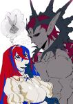  1boy 1girl alear_(female)_(fire_emblem) alear_(fire_emblem) animal_ears black_sclera blue_eyes blue_hair braid breasts colored_sclera colored_skin crossed_bangs crown_braid dragon_boy father_and_daughter fire_emblem fire_emblem_engage grey_skin hair_slicked_back height_difference heterochromia highres large_pectorals long_hair medium_breasts multicolored_hair muscular muscular_male negiwo no_eyebrows pectorals pointy_ears rabbit_ears red_eyes red_hair short_hair size_difference sombron_(fire_emblem) split-color_hair third_eye tiara two-tone_hair very_long_ears very_long_hair 