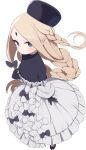  1girl abigail_williams_(event_portrait)_(fate) abigail_williams_(fate) black_headwear black_shirt blonde_hair blue_eyes bodystocking braid braided_ponytail breasts collarbone dress fate/grand_order fate_(series) forehead full_body gamuo grey_dress hat keyhole long_hair long_sleeves looking_at_viewer off_shoulder parted_bangs shirt sidelocks small_breasts solo very_long_hair 