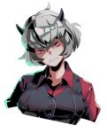  1girl black_horns breasts buttons closed_mouth demon demon_horns donuttypd grey_hair head_tilt helltaker horns looking_to_the_side neck red_eyes red_shirt shine shirt white_background zdrada_(helltaker) 