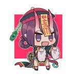  1girl black_dress black_footwear black_headwear border chibi china_dress chinese_clothes dress eyeliner fang fate/grand_order fate_(series) hair_rings hat horns jiangshi makeup ofuda oneroom-disco oni_horns open_mouth outstretched_arms pink_eyeliner pointy_ears purple_eyes purple_hair qing_guanmao shuten_douji_(fate) shuten_douji_(festival_outfit)_(fate) skin-covered_horns solo white_border zombie_pose 