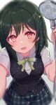  1girl absurdres black_skirt black_vest blurry blurry_foreground blush bow collared_shirt commentary cream_(nipakupa) fang green_bow green_hair green_ribbon hair_bow highres holding holding_shower_head looking_at_viewer love_live! love_live!_nijigasaki_high_school_idol_club mifune_shioriko neck_ribbon open_mouth plaid plaid_skirt pleated_skirt red_eyes ribbon shirt short_hair short_sleeves shower_head showering skirt vest white_shirt 