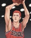  1boy arms_up ball bare_arms basketball_(object) basketball_jersey basketball_uniform brown_eyes closed_mouth dododo highres holding holding_ball indoors looking_up male_focus red_hair red_shirt sakuragi_hanamichi shirt short_hair slam_dunk_(series) sleeveless sleeveless_shirt solo sportswear sweat toned toned_male upper_body very_short_hair 