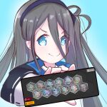  1girl aris_(blue_archive) arknights black_hair blue_archive blue_background blue_eyes cellphone commentary crossover english_commentary hair_between_eyes hairband highres holding holding_phone kelsuis long_hair looking_at_viewer phone simple_background smartphone smile solo 