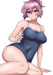  1girl aoba_(kancolle) black_scrunchie blue_one-piece_swimsuit breasts clenched_hand competition_school_swimsuit green_eyes highres ikadamo kantai_collection medium_breasts messy_hair one-piece_swimsuit pink_eyes ponytail school_swimsuit scrunchie short_hair simple_background sitting solo swimsuit white_background yokozuwari 