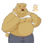  2023 anthro bear belly big_belly black_nose bottomwear brown_body clothed clothing clothing_lift doctor duo eyes_closed hi_res kemono male mammal moobs nipples overweight overweight_male pants shirt shirt_lift toastysharky topwear 