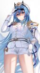  1girl absurdres aqua_hair blue_eyes breasts epaulettes goddess_of_victory:_nikke hat helm_(nikke) highres kanikou long_hair long_sleeves medal military military_uniform short_shorts shorts simple_background solo uniform very_long_hair white_headwear 