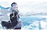  1girl animal_ears arknights arm_at_side bear_ears bear_girl black_cape blue_hair blue_ribbon cape commentary_request cowboy_shot english_commentary fur-trimmed_shirt fur_trim highres hongbaise_raw letterboxed long_hair mixed-language_commentary mountainous_horizon multicolored_hair ocean outdoors red_eyes red_hair ribbon rosa_(arknights) russian_commentary shirt solo star_(symbol) streaked_hair wavy_hair white_hair white_shirt wind 