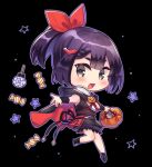  1girl bat_hair_ornament black_background black_footwear black_hair candy cape chibi food grey_eyes hair_ornament halloween_bucket lollipop medium_hair mijinmaru_(tenka_hyakken) okanoyuno outstretched_arms ponytail puffy_shorts red_ribbon ribbon shirt shorts sleeveless sleeveless_shirt star_(symbol) tenka_hyakken throwing 