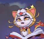  animal animal_costume bone book cat cosplay d: dog_costume fangs kigurumi league_of_legends no_humans open_book open_mouth orange_eyes phantom_ix_row shiba_yuumi star_(symbol) teeth upper_teeth_only yuumi_(league_of_legends) 