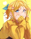  1girl absurdres aqua_bow blonde_hair blue_eyes bow cheek_rest commentary earrings eyelashes hair_bow hair_ornament hairclip hands_on_own_cheeks hands_on_own_face head_rest highres inuyama_(1109) jewelry kagamine_rin light_blush looking_at_viewer parted_lips short_ponytail sideways_glance solo surprised sweater vocaloid yellow_background yellow_sweater 