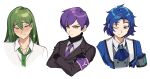  3boys ;) ascot black_gloves black_sweater blue_ascot blue_hair blue_jacket brooch brown_eyes buttons chesed_(project_moon) closed_mouth collared_shirt commentary_request crossed_arms double-breasted eyebrow_cut gloves green_hair green_necktie grey_jacket grey_vest jacket jewelry lobotomy_corporation long_hair long_sleeves male_focus medu_(rubish) multiple_boys necktie netzach_(project_moon) one_eye_closed open_clothes open_jacket parted_bangs project_moon purple_hair purple_necktie ribbed_sweater shirt simple_background smile sweater turtleneck turtleneck_sweater vest white_background white_shirt yellow_eyes yesod_(project_moon) 